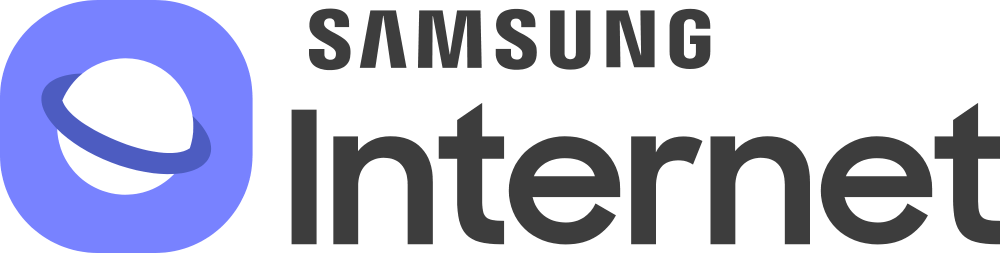 Samsung Internet logo. It's a white planet on a blue background with a purple ring around it. Samsung Internet is written next to it.